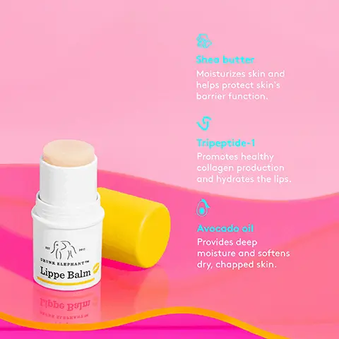 Image 1, Shea butter Moisturizes skin and helps protect skin's barrier function. Tripeptide-1 Promotes healthy collagen production and hydrates the lips. SUNK ELEPHANT Lippe Balm ribbe Ba Avocado oil Provides deep moisture and softens dry, chapped skin. Image 2, the suspicious 6 At Drunk Elephant, we avoid the 6 ingredients that we believe are at the root of almost every skin issue. You don't have to be scared of them-just be aware of them. Once they're removed entirely from your routine, your skin can reset to its healthiest, most balanced state. That's our ingredient-elimination philosophy for a total skin reset. 01 Essential oils 02 Drying alcohols 03 Silicones 04 Chemical sunscreens 05 Fragrances and dyes 06 Sodium lauryl sulfate (SLS)