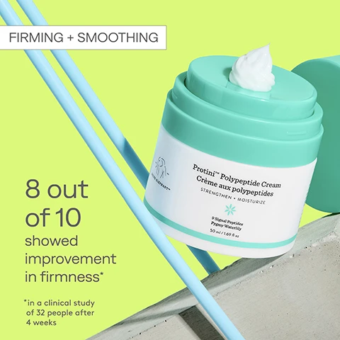 Image 1 - A turquoise jar of Protein Polypeptide Cream with a small dollop of cream on top, alongside light blue straws and a light background, includes text that states FIRMING + SMOOTHING, 8 out of 10 showed improvement in firmness*, and *in a clinical study of 32 people after 4 weeks.
Image 2 - Image shows a comparison of a forehead before and after 8 weeks of treatment, with a noticeable decrease in visible lines; text reads Before, After 8 Weeks, and 8 out of 10 showed improvement in firmness* *in a clinical study of 32 people after 4 weeks.
Image 3 - A close-up view of a smooth, light blue gel-cream texture with the text LIGHTWEIGHT GEL-CREAM in bright green.
Image 4 - A turquoise jar of cream with a white swirl of cream on top, accompanied by descriptions of three key ingredients: Signal peptide complex, Pygmy waterlily stem cell extract, and Soybean folic acid ferment extract.
Image 5 - Image shows a colorful infographic titled face-off MOISTURIZER EDITION featuring three moisturizers with their names and descriptions; the first is Protini Polypeptide Cream with key ingredients listed as 9 signal peptides and pygmy waterlily, recommending use anytime for firm skin and collagen support; the second is Bora Barrier Repair Cream with 6-butterlipid complex plus zinc and copper gluconate, suited for chronically dry skin and deep moisture, also for anytime use; the last is Lala Retro Whipped Cream with a triple-ceramide blend and 5 African oils, recommended for maintenance at any age.
Image 6 - Image shows several containers of a skincare product called Protini Polypeptide Cream, with two jars and a lid on a light blue background, along with the text more ways to protini and available in 50 ML, 50 ML refill, and 15 ML.
Image 7 - Image shows skincare products arranged on a colorful gradient background, including a bottle of B-Hydra, a jar of Protini Cream, and a bottle of Protini Serum, with instructions indicating to use one pump of each and mix them together for firmer, hydrated, younger-looking skin.