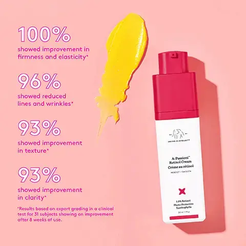 Image 1, D A-Passion Retinol Cream Crimea retinol 100% showed improvement in firmness and elasticity" 96% showed reduced lines and wrinkles* 93% showed improvement in texture* 93% showed improvement in clarity* *Results based on expert grading in a clinical test for 31 subjects showing on improvement after 8 weeks of use. x Image 2, Retinol OG or retinol newbie, there's a formula for you. P A-P Retinol Cam Crimeartil DRUNK ELEPHANTTM A-PassioniTM uses 1.0% vegan retinol to diminish the look of lines, wrinkles, and sun damage. A-Gloei" delivers a gentle dose of 0.5% vegan retinol in virgin marula oil for extra moisture. Huile a retinal Both are ideal for all skin. Image 3, A-Passioni Retinol Cream retinol Crime X Vitamin A 1.0% Vegan Retinol Improves the look of uneven skin tone and texture while warding off damage. Triple-Peptide Blend Helps visibly firm and strengthen, boosting the age-fighting benefits of retinol. F Vitamin F Fatty acids work to improve the look of texture and suppleness and help calm skin. Xanthophylls Potent carotenoids that defend against aging environmental stressors. A-Passion Retinol Cream Crème au retinol Chan γ V-ww X Image 4, passion play smoothie for hydrated, radiant, younger-looking skin 1 PUMP B-Hydra 1⁄2 PUMP A-Passioni -H A-T Cre Creati x 1 PUMP Mix it all together and apply. Lala Retro Image 5, A-Passioni Retinol Cream Crème au rétinol REBOOT SMOOTH 10% Photo Protective B-Hydra Intensive Hydration Serun Sérum hydrate Mix with B-Hydra (sample included) for an extra shot of hydration and vitamin B.