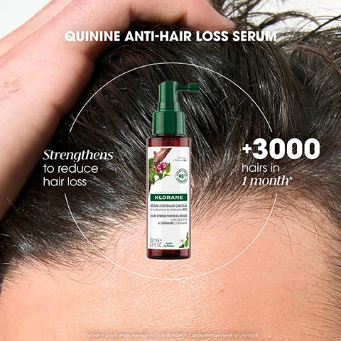 image 1, quinine anti hair loss serum. strengthens to reduce hair loss. +3000 hair in 1 months. image 2, 98% ingredients of natural origin, for all types of hair loss, suitable during pregnancy, suitable during breastfeeding. image 3, before and after. image 4, quinine strengthens hair. caffeine invigorates the scalp. edelweiss - optimises hairs life cycle manganese supports healthy hair growth.