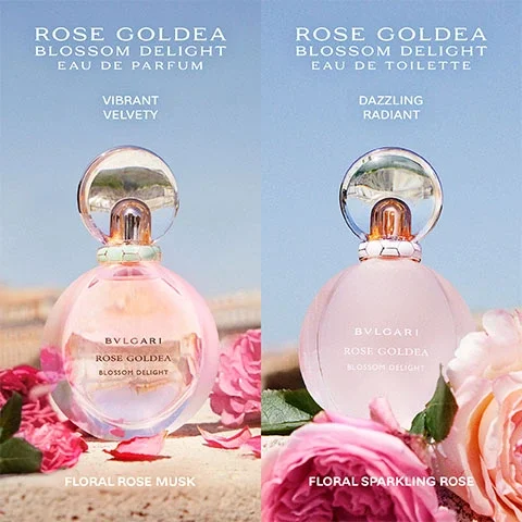 Image of the fragrances in the range. Text- Rose Goldea Blossom Delight Eau De Parfum, Vibrant, Velvety, Floral Rose Musk. Rose Goldea Blossom Delight Eau De Toilette, Dazzling, Radiant, Floral Sparkling Rose