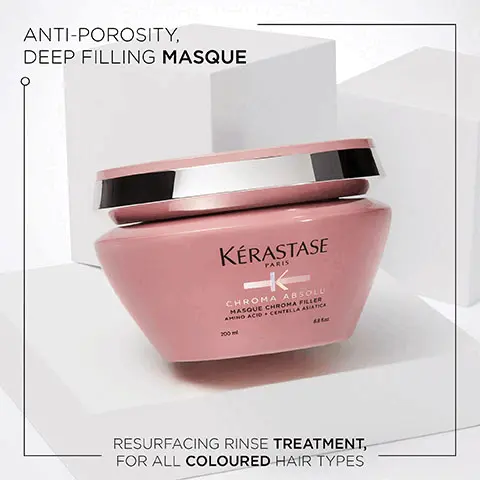 Image 1, Anti-porosity deep filling masque, resurfacing rinse treatment, for all coloured hair types. Image 2, Before and After image- Illustration of the anticipated results obtained after applying the products bain chroma respect, fondant cica chroma, soin acide chroma gloss, serum chroma thermique after one use and styling. Results may vary from one individual to another. Image 3, Chroma Absolu, after 6 weeks, 92% of colour intensity is preserved, up to 74% more shine, up to 96% stronger hair, 98% of women agree that their hair feels nourished- instrumental test.21 applications of bain and fondant vs first day of colour, instrumental test. compared to before treatment with bain, instrumental test. soin acide and serum vs classic shampoo with sensitised hair, consumer test .51 women using bain riche, masque and serum with coloured hair. Image 4, Key Ingredients- Amino Acid, Tartaric Acid, Lactic Acid. Image 5, Chroma Absolu, Shelley Gregory, Hairdresser- Colour! One of the most requested Services in my salon. Chroma Absolu revives all types of colour-treated hair, preventing colour fade and frizz, for healthy, shiny hair.