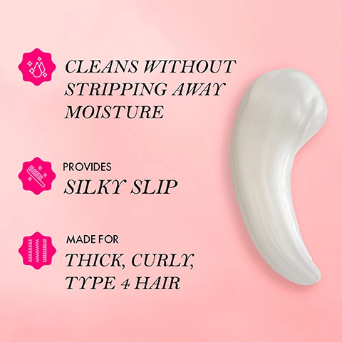 Image 3 - An applicator with a smooth, curvy shape is shown against a light pink background, with text that states cleans without stripping away moisture, provides silky slip, and made for thick, curly, type 4 hair.
Image 4 - A bottle of Mielle Pomegranate & Honey Moisturizing and Detangling Shampoo is displayed next to pomegranate seeds and a splash of orange liquid on a pink background, with instructions for use detailing steps for cleansing, priming, and defining hair.
