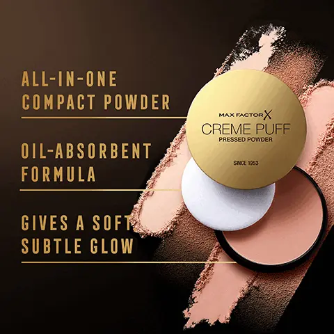 Image 1, ALL-IN-ONE COMPACT POWDER OIL-ABSORBENT FORMULA GIVES A SOFT SUBTLE GLOW MAX FACTOR X CREME PUFF PRESSED POWDER SINCE 1953 Image 2, EVEN AND INSTANTLY RADIANT SKIN Image 3, "GIVES MY SKIN A VERY NICE MATTE FINISH. IT IS LIGHTWEIGHT AND DOES NOT FEEL CAKEY." SOURCE: MAXFACTOR.COM MAX FACTOR X CREME PUFF PRESSED POWDER SINCE 1953 Image 4, USE ALONE WITH MOISTURIZER OR ON TOP OF FOUNDATION Image 5, MAX FACTORX CREME PUFF PRESSED POWDER SINCE 1953 AVAILABLE IN A RANGE OF SHADES