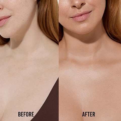 Image 1 - An image showing a comparison of a persons décolletage before and after a treatment, with the left side labeled Before displaying uneven skin tone and freckles, and the right side labeled After showing smoother, more even skin.
Image 2 - Close-up of various shades of cream or lotion with text elements indicating Organic Glycerin, Shea Butter, and Rich in Organic, Natural Ingredients.
Image 3 - A close-up of a woman’s bare shoulders and neck with visible text overlay stating Reflects light for radiant glow, Instant bronze instant blur, Red carpet ready finish, and Zero commitment wash-off.
Image 4 - Image of three tubes of Vita Liberata Body Blur illuminating body makeup in light and medium shades, with visible text showcasing positive reviews such as This works so well I only wish I had found it sooner, Started using this last year and I am hooked, and Gives the skin a natural looking tan and a subtle glimmer.
Image 5 - A person wearing a black one-shoulder top holds a tube of Vita Liberata Body Blur while displaying smooth, tanned skin; overlay text reads reflects light for radiant glow, red carpet ready finish, instant bronze, instant blur, and zero commitment wash-off.