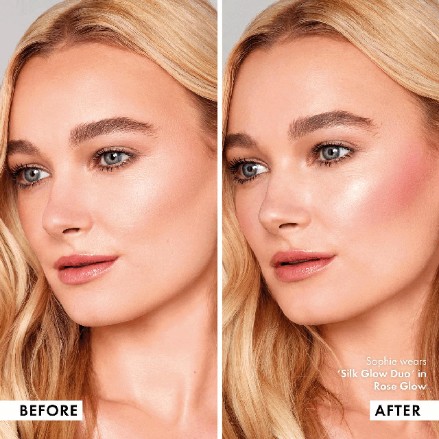 Image 1, Before and After, Sophie wears silk glow duo in rose glow, Image 2, Before and After, Indira wears silk glow duo in rose glow Image 3, the product shades modelled across three different skin tones, rose glow, highlighter, blusher, coral glow, highlighter, blusher