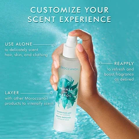 customize your scent experience, use alone to delicately scent hair, skin and clothing. reapply to refresh and boost fragrance as desired, layer with other moroccanoil products to intensify scent.