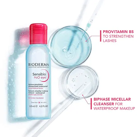 Image 1, BIODERMA ANTOINE MAT C PROVITAMIN B5 TO STRENGTHEN LASHES Sensibio H2O eye Siphase micellaire démaquillant waterproof Biphasic micellar make mover-waterproof TOLERANCE Core first X NAOS 125 ml @ 4.2 FLOZ BIPHASE MICELLAR CLEANSER FOR WATERPROOF MAKEUP Image 2, STRENGTHENED EYELASHES FOR 93% OF PEOPLE AFTER 28 DAYS OF USAGE Image 3, PERFECTLY CLEANSES WATERPROOF MAKEUP WITHOUT RUBBING FOR 97% OF PEOPLE L Image 4, RESULTS WITH Sensibio H2O Eye REMOVES 95% waterproof make-up & pollution (1,2) MOISTURISES 97% the skin lastingly (1) REINFORCES 93% eyelids and eyelashes after 28 days of use (1) (1) In-use test of Sensibio H2O Eye, tested on 30 volunteers, Eurofins France 2021. (2) Evaluation of Sensibio H2O eye anti-pollution efficacy, test on 14 volunteers, CERCO France 2019. Image 5, MY ROUTINE WITH Sensibio H2O Eye SENSITIVE EYES AND LIPS Removes Cleanses and waterproof eye and lips make-up removes make-up 1 2 BIODERMA Sensibio H.O eye BIODERMA LABORATOIRE DERMATOLOGIQUE Soothe & strengthen the skin while preventing first signs of ageing 3 BIODERMA Sensibio H2O Sensibio Defensive serum Concentré hydratant pant longueur Image 6, HOW TO USE Sensibio H2O Eye 1 2 3 Shake well to mix 2 phases and activate micelles Soak a cotton pad and keep it few seconds on eyes or lips Wipe off makeup, even waterproof. No need to rinse