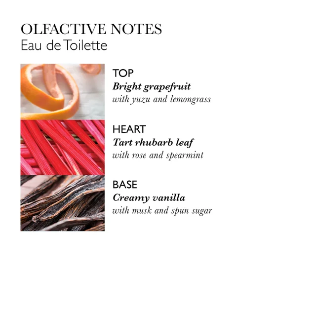 OLFACTIVE NOTES Eau de Toilette. TOP Bright grapefruit with yuzu and lemongrass. HEART Tart rhubarb leaf with rose and spearmint. BASE Creamy vanilla with musk and spun sugar