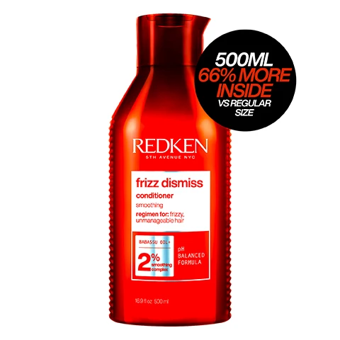 Image 1, 500ml 66% more inside vs regular size. image 2, now available in 500ml size. 300ml vs 500ml. 66% more inside vs 300ml size. image 3, babassu oil and smoothing complex. helps fight frizz. provides humidity protection.