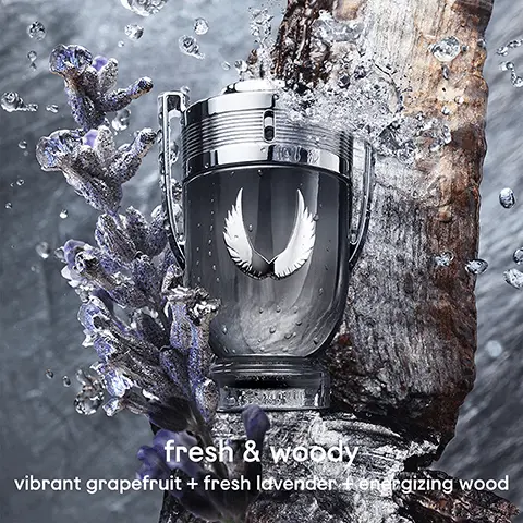 Image 1, fresh and woody, vibrant grapefruit and fresh lavender and energezing wood. Image 2, scale from left to right of fresh smelling to intense smelling. from the left - Invictus eau de toilette = clean and fresh, invictus legend eau de parfum = fresh and woody, invictus platinum eau de parfum = sweet and fresh, invictus victory extreme eau de parfum = woody and intense.