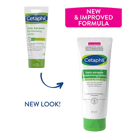 Image 1, New and improved formula. Image 2, Formulated with our new ingredient blend, hydrating glycerin, niacinamide (Vitamin B3) and panthenol (Vitamin B5). Image 3, Number 1 dermatologist recommended Uk skin brand, effective yet gentle and clinically tested for sensitive skin