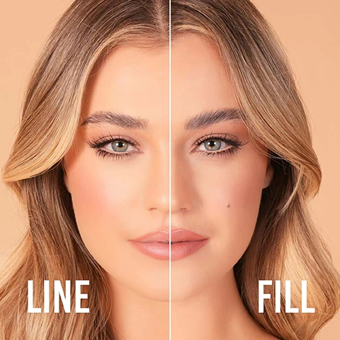 Image 1 and 2, line and fill. image 3, swatches of touch, chase, nudie, undone, wild and crave on two different skin tones