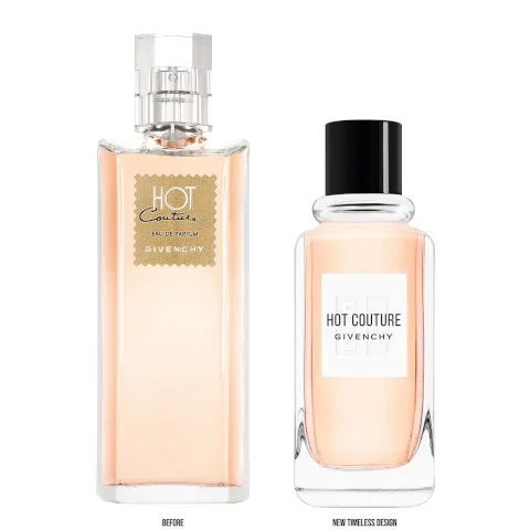 Image shows two perfume bottles for Givenchys Hot Couture; the left bottle has a gold label reading HOT COURTUE EAU DE PARFUM GIVENCHY and the right bottle features a black cap with a white label stating HOT COUTURE GIVENCHY, with the text BEFORE underneath the left bottle and NEW TIMELESS DESIGN beneath the right bottle.