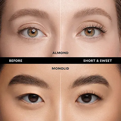 Image 1, short and sweet before and after on almond and monolid eye shapes. Image 2, short and sweet before and after on round and hooded. Image 3, short and sweet almond, round, monolid and hooded eyes. Image 4, no measuring, no trimming, 25+ uses, natural look.