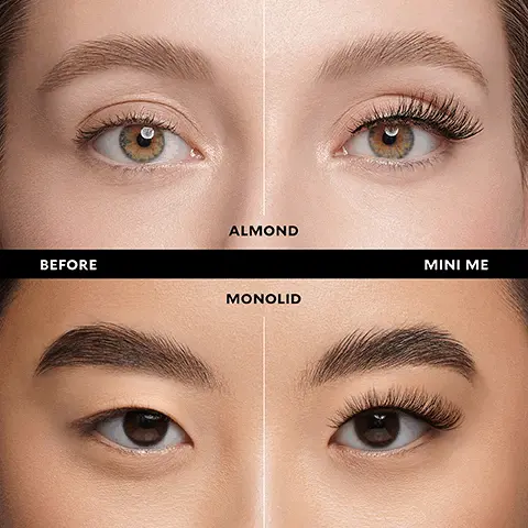 Image 1, mini me before and after on almond and monolid eye shapes. Image 2, mini me before and after on round and hooded. Image 3, mini me on almond, round, monolid and hooded eyes. Image 4, no measuring, no trimming, 25+ uses, natural look.