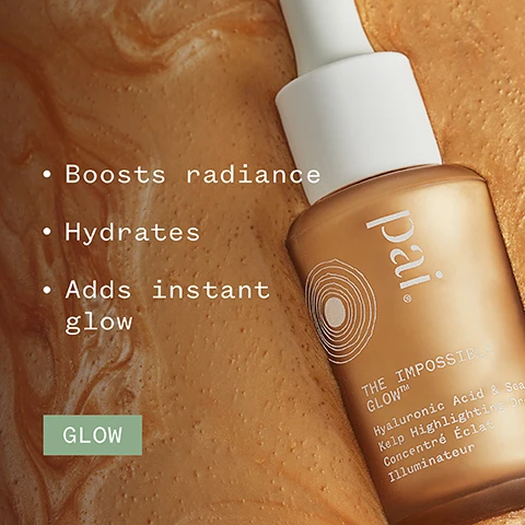 Image 1 - A bottle of facial serum with a white cap is shown against a textured golden background, featuring bullet points that say boosts radiance, hydrates, and adds instant glow, along with the brand name Pai and product details reading The Impossible Glow, Hyaluronic Acid & Sea Kelp Highlighting Drops, Concentre Éclat, Illuminateur, and a green box that says GLOW.
Image 2 - Close-up of a creamy, golden product with swirling textures, featuring the text 86% said skin looks radiant* and icons for organic certification, vegan, and certified B Corporation, along with a note about an independent consumer trial of 172 subjects.