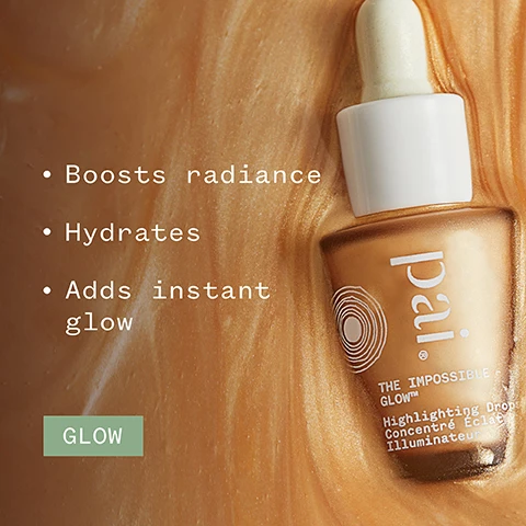 Image 1 - A close-up of a cosmetic bottle labeled Pai with a dropper, placed on a golden shimmer background, displaying bullet points that read boosts radiance, hydrates, adds instant glow, and the word glow in green at the bottom.
Image 2 - Close-up image of a creamy golden texture with the text 86% said skin looks radiant* and logos for certified organic, vegan, and B Corporation, along with fine print about an independent consumer trial of 172 subjects.