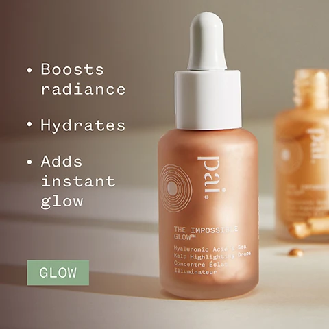 Image 1 - A glass dropper bottle of Pais The Impossible Glow highlighting drops sits on a display with bullet points next to it stating boosts radiance, hydrates, and adds instant glow, along with visible text that reads Hyaluronic Acid & Sea Kelp Highlighting Drops and GLOW.
Image 2 - A person is holding a dropper above their hand, from which a shimmery liquid is dropping onto their palm, with text stating 86% said skin looks radiant, and various certification logos at the bottom.