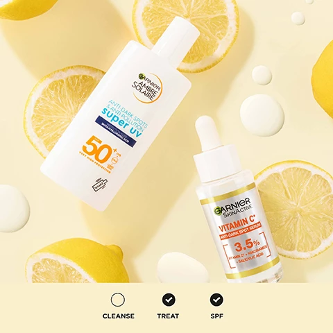 Image 1, cleanse, treat, spf. Image 2, vitamin c skin routine. cleanse, gently cleanse with no harsh rubbing plus treat with an efficient cocktail of actives including vitamin c plus protect UV rays worsen dullness so protect all year long. Image 3, Visibly reduces dark spots. 8/10 agree it's the best serum they've ever used. cruelty free international. Image 4, anti-dark spots and anti-pollution super UV. Image 5, anti dark spots and anti pollution super UV. powered by netlock technology for protection that stays in place. ultra light fluid invisible finish on skin. enriched with hyaluronic acid. image 6, officially approved under the leaping bunny programme by cruelty free international.