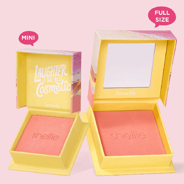 Mini VS Full Size. Shellie shade. Swatches of all shades. Product benefits