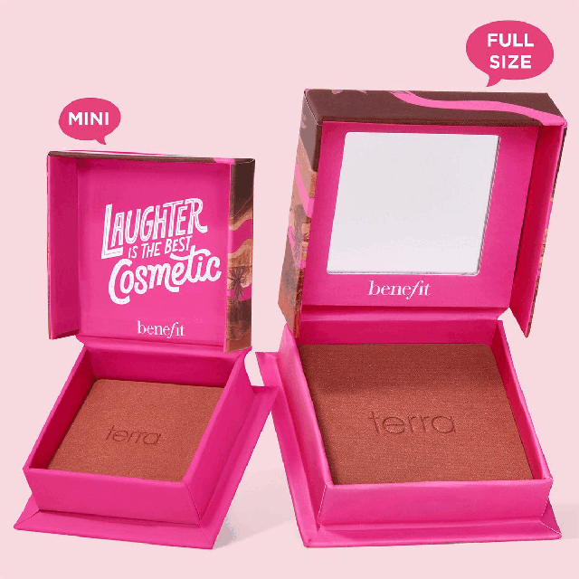 Four images transitioning into each other in an endless loop. Image 1: Showing the small and larger version of the product. Text- Mini. Full Size. Image 2: Shows the product used on three different skin tones. Text - Terra. Image 3: Shades are modelled on the arms of three different skin tones. Text- Dandelion, Shellie, Crystah, Sunny, Peachin, Butterfly, Willa, Starlaa, Java, Pompom, Moone, Terra. Image 4: text - silky soft powder. airbrushed and blurring effect. blendable and buildable. Ultra-fine. Satins, shimmers and mattes. Weightless.