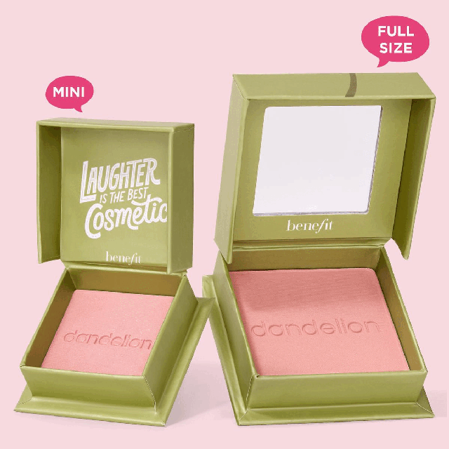 Image 1, full size vs mini size. Image 2, Model Swatch Imagery. Image 3, Arm Swatch. Image 4, Product Benefits