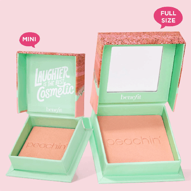 Mini VS Full Size. Peachin shade. Swatches of all shades. Product benefits