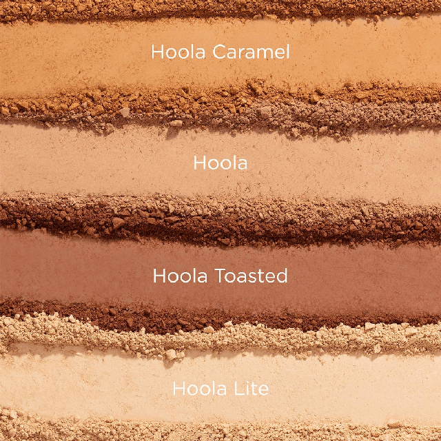 Two images transitioning into each other in an endless loop. Image 1: Shows the different shades. Text - Hoola Caramel. Hoola. Hoola Toasted. Hoola Lite. Image 2: Lists the shades again, showing them modelled on different skin tones.