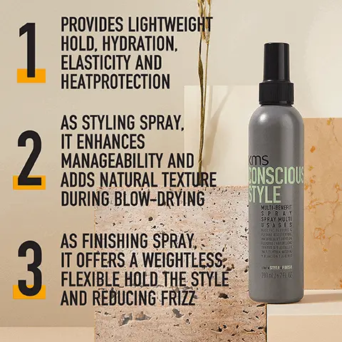 Image 1, 1 = provides lightweight hold, hydration, elasticity and heat protection, 2 = as styling spray it enhances manageability and adds natural texture during blow drying, 3 = as finishing spray it offers a weightless, flexiable hold the style and reducing frizz. Image 2, did you know, conscious style multi-benefit spray can be used to give you an amazing natural shine to hair. Image 3, what's inside, moringa seed oil and oat oil. Image 4, vegan formula, formula doesn't contain any animal derived ingredients, formula = is infused with ecocert certified moringa seed oil and oat oil. CO2 emission = product is CO2 compensated, certified by climate partner.