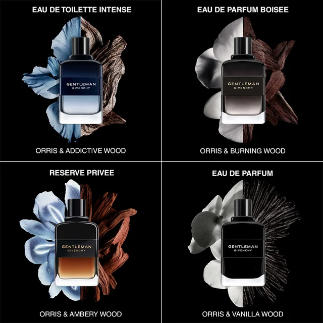 Eau de Toilette Intense, Orris and Addictive Wood. Eau de Parfum Boisee, Orris and Burning Wood. Reserve Privee, Orris and Ambery Wood. Eau de Parfum Orris and Vanilla Wood.