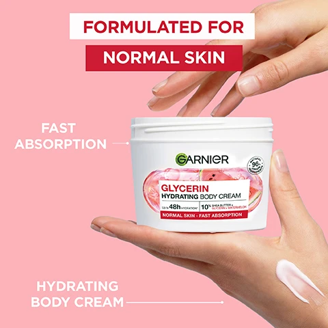 Image 2 - Two hands present a white tub of Garnier Glycerin Hydrating Body Cream with watermelon and glycerin imagery, a streak of cream on one hand, and text stating Formulated for Normal Skin, Fast Absorption, Hydrating Body Cream, Garnier, Glycerin Hydrating Body Cream, Up to 48h Hydration*, 10% Shea Butter + Glycerin + Watermelon, Normal Skin - Fast Absorption, and Natural Origin 96% Ingredients. Image 3 - A vertical split image of a persons neck and upper chest, showing dry, somewhat wrinkled skin on the left and smooth, hydrated skin with a slight sheen on the right, features a red graphic of a downward droplet and horizontal lines in the center, and includes the text HYDRATES UP TO 10 CELL LAYERS DEEP*, BEFORE, AFTER, and *Up to 10 cell layers deep of the stratum corneum. Image 4 - A white tub of Garnier Glycerin Hydrating Body Cream, filled with pink swirled cream and featuring a label with watermelon slices and water bubbles, sits against a pink textured background, with a red banner above it reading INTENSE MOISTURE BOOST, and the tubs label showing GARNIER GLYCERIN HYDRATING BODY CREAM, Up to 48h HYDRATION*, 10% SHEA BUTTER + GLYCERIN + WATERMELON, NORMAL SKIN - FAST ABSORPTION, and a small circular icon stating NATURAL 96% ORIGIN INGREDIENTS. Image 5 - A white tub of Garnier Glycerin Hydrating Body Cream with a pink lid, showing watermelon slices and water droplets on its label, is positioned on white blocks against a light pink background, with visible text reading Glycerin Hydrating Body Cream, For Hands, Body and Feet, Garnier, Up to 48h HYDRATION*, 10% SHEA BUTTER + GLYCERIN + WATERMELON, NORMAL SKIN - FAST ABSORPTION, and NATURAL 96% ORIGIN INGREDIENTS. Image 6 - The image displays two white Garnier body cream tubs on a pink background, with a red arrow pointing from the older Garnier Body Superfood 48h Hydrating Gel-Cream to the newer Garnier Glycerin Hydrating Body Cream, along with the text NEW PACK. SAME GREAT RESULTS.