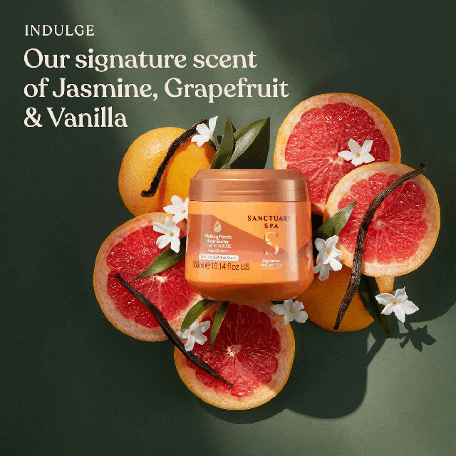 Image 1, The scent. Image 2, Ingredients. Image 3, cruelty-free, vegan, 95% natural origin, 0% mineral oil, contains recycled plastic