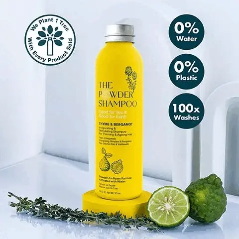 Image 1, we plant 1 tree with every product sold. 0% water, 0% plastic, 100 washes.Image 2, Invigorating & Stimulating Shampoo FOR THINNING & AGEING HAIR Pre+ Probiotics Coconut Licorice Roots Thyme Corn Papaya Enzyme Ginseng Ginger THE POWDER SHAMPOO Good for You & Good for Earth Bergamot Rice Protein Image 3, typical shampoo - contains 80% to 90% water, uses lots of water to produce, heavy to transport and store, only 9% of plastic in the world is recycled, used once and thrown, 500 years to decompose, plastic becomes microplastics. vs the powder shampoo and the powder foam wash - contains 0% water, does not use water to produce, light and easy to transport, over 80% of aluminium in the world is recycled, reusable and refillable, easily recycled, does not become micro plastics. Image 4, the powder shampoo, how to use. 1 = wet your palm or hair thoroughly, 2 = pour a sufficient amount on your palm or hair, 3 = lather to activate the foam, 4 = rinse your hair as normal. Image 5, plant power - our products are formulated with 28 botanical extracts and 8 essential oils. plastic free - our packaging contains 0% plastic and all our bottles and refill pouches are 100% recycleable. planet first - we plant one tree for every product sold, our goal is to plant 1 million trees by 2030.