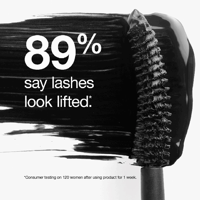 Image 1, 89% said lashes look lifted* *consumer testing on 120 women after 1 week use. Image 2, full size vs mini size