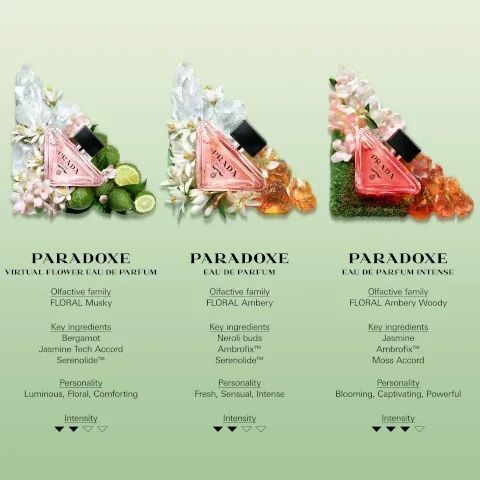 paradoxe virtual flower eau de parfum. Olfactive family = floral musky. Key ingredients = bergamot, jasmine tech accord and serenolide. personality = luminous, floral and comforting. intensity = 2 out of 4. paradoze eau de parfum. olfactive family = floral ambery. key ingredients = neroli buds, ambrofix and serenolide. personality = fresh, sensual and intense. intensity = 2 out of 4. paradoxe eau de parfum intense. olfactive family = floral ambery woody. key ingredients = jasmine, ambrofix and moss accord. personality = blooming, captivating and powerful. intensity = 3 out of 4.