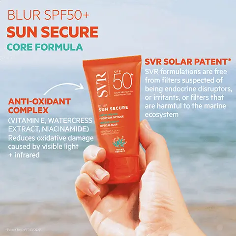 Blur SPF50+ sun secure core formula.  Anti-oxidant complex, vitamin E, watercress extract, niacinamide, reduces oxidative damage caused by visible light + infrared. SVR solar patent, SVR formulations are free from filters suspected of being endocrine disruptors, or irritants, or filters that are harmful to the marine ecosystem. Velvet mousse texture, mattifying opitcal blur, real life filter effect, very water resistant, non-comedogenic, non-greasy. Ocean respect reef safe non-toxic to marine life, biodegradable. Blurring filter has to be experienced, it's like makeup but without makeup. +eco-responsible lightweight plastic tube contains recycled material fully recyclable. SPF 50+ very high protection against UVA + UVB + visible + infrared, sensitive skin safe for teens +. How to use, apply evenly to face before sun exposure. Velvety melt-in texture blurs, unifies + mattifies complexion whilst offering very high protection. Stay safe in the sun, re-apply frequently. SVR SPF50+ protection, find your ideal format. Blurring mousse, invisible water, fizzing spray, kids love it, compact spray, matt gel.