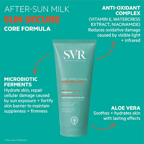 Image 1, AFTER-SUN MILK SUN SECURE CORE FORMULA ANTI-OXIDANT COMPLEX (VITAMIN E, WATERCRESS EXTRACT, NIACINAMIDE) Reduces oxidative damage caused by visible light + infrared SVR MICROBIOTIC FERMENTS Hydrate skin, repair cellular damage caused by sun exposure + fortify skin barrier to maintain suppleness + firmness LAIT APRES-SOLEIL SUN SECURE REPARATEUR APAISANT HYDRATANT REPAIRING SOOTHING MOISTURISING AFTER-SUN OCDC ONEANT ADKATE PEAU COHNURCE VISAGE ET CORPS BABY, CHILD ADULT OVEREATED SKIN FACE AND BODY ALOE VERA Soothes + hydrates skin with lasting effects "Patent fled "FR10/04215 Image 2, APRES-SC SUN SECU TOAPARATUT HYDRATANT & REPARATEL TONG VERATING REPAIRING CARE ENFANT ADULTE GET CORPS GHILD EATED SON NOBODY ADULT HOW TO USE Apply to clean, dry skin following sun exposure Image 3, FRESH GEL-CREAM TEXTURE Combats over-heating Intensely nourishing, repairing + smoothing Dryness is relieved Tan is prolonged SVR LABORATOIRE DERMATOLOGIQUE 97% Ingredients of natural origin LAIT APRES-SOLEIL SUN SECURE RÉPARATEUR APAISANT HYDRATANT REPAIRING SOOTHING MOISTURISING AFTER-SUN CBC, ENFANT, ADULTE PEAU ECHAUFFEE VISAGE ET CORPS BABY, CHILD, ADULT OVERHEATED SKN FACE AND BODY TESTED ENDOCRINE DISRUPTORS CLEAN FORMULA Tested for endocrine disruptors + ECO-RESPONSIBLE 100% recyclable packaging New design - contains 25% less plastic! SENSITIVE SKIN SAFE Dermatologically tested For baby + up Image 4, SVR SVR SPF50+ PROTECTION FIND YOUR IDEAL FORMAT FRESH MIST MILK SPRAY DRY OIL SPRAY INVISIBLE WATER 50 50 SHAY SUN SECURE SUN SECURE 50 AS SUN SECURE HYDRATING MILK 50 SVR SVR 50 APRES-SOLEIL ANSECURE SUN SECURE LIEPAIRING CARE AFTER-SUN MILK