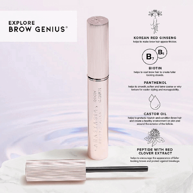 Image 1, explore brow genius, korean red ginseng helps make brow hair appear thicker, biotin helps to coat brow hair to create fuller looking strands, panthenol, helps to smooth, soften and tame coarse or wiry texture for easier styling and managebility. castor oil, helps to protect, nourish and condition brow hairs and create a healthy environment on skin and around the exterior of the folicle. peptide with red clover extract, helps to encourage the appearance of fuller looking brows and protect against breakage. Image 2, proven to increase brow smoothness and softness by 85%, proven to reduce breakage by 52% *in independent trials on removed tresses. Image 3-5, before and after