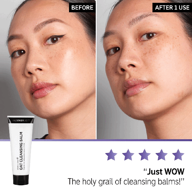 Image 1, Before and After 1 use, Review 5 stars Just wow! The holy grail of cleansing balms! Image 2, Oat cleansing balm, caffeine eye cream, Omega Water Cream Image 3, STEP 1 Remove makeup and dirt, while helping to reduce blackheads and breakouts STEP 2 Clear blemishes fast, reduce inflammation and prevent clogged pores STEP 3 Immediately hydrate skin without oiliness