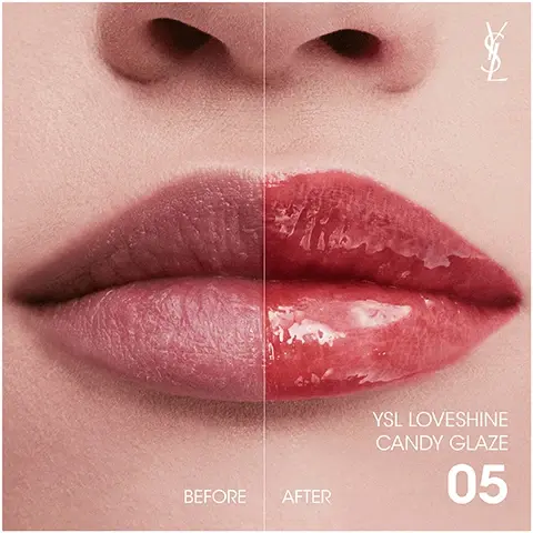 image 1, YSL loveshine before and after. image 2, up to 24 hour moisture feel. pomegranate from YSL ourika community gardens. hyaluronic acid and vitamin e. consumer test on 65 women. image 3, YSL loveshine. image 4,comparison betwen YSL loveshine wet shine lipstick and YSL love shine candy glaze lip gloss stick. lipstick, texture = oil infused, shine = 3/5, color coverage = 3/5 medium buildable. lip gloss stick, texture = jelly, shine = 5/5, color coverage = 5/5 high