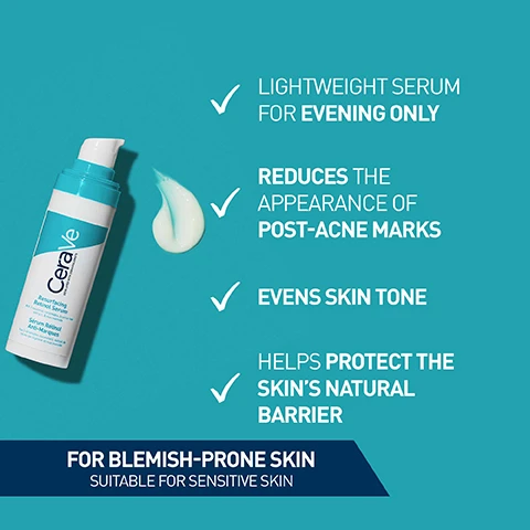Image 1 - A bottle of CeraVe Resurfacing Retinol Serum is shown beside a small amount of the serum, with text highlighting its benefits: lightweight for evening only, reduces the appearance of post-acne marks, evens skin tone, helps protect the skins natural barrier, and suitable for sensitive skin targeting blemish-prone skin.
Image 2 - Image shows a creamy white product swatch with text that reads FORMULA WITH: ENCAPSULATED RETINOL, LICORICE ROOT EXTRACT, NIACINAMIDE & 3 ESSENTIAL CERAMIDES.
Image 3 - Image shows a hand holding a CeraVe Resurfacing Retinol Serum bottle next to two close-up photos of skin on a face, labeled BEFORE and AFTER, illustrating the improvement in skin texture and tone, with text stating VISIBLY EVENS SKIN TONE & REDUCES APPEARANCE OF POST-ACNE MARKS.
Image 4 - A person holding three CeraVe skincare products, including a large bottle of Blemish Control Cleanser, a tube of Blemish Control Gel, and a bottle of Resurfacing Retinol Serum, with the text EVERYDAY ROUTINE FOR BLEMISH-PRONE SKIN and SERUM TO TARGET POST-ACNE MARKS.