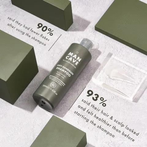 Image 1, 90% said they had fewer flakes after using the shampoo. 93% said their hair and scalp looked and felt healthier than before starting the shampoo. Image 2, great hair starts with self care