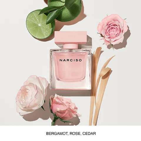 Image 1 - A pink perfume bottle labeled Narciso is surrounded by pink roses, a lime half, green leaves, and dried grass on a light background, with the words Bergamot, Rose, Cedar displayed below.
Image 2 - A close-up of a pale flower petal with the text VEGETAN FRAGRANCE overlaying it.