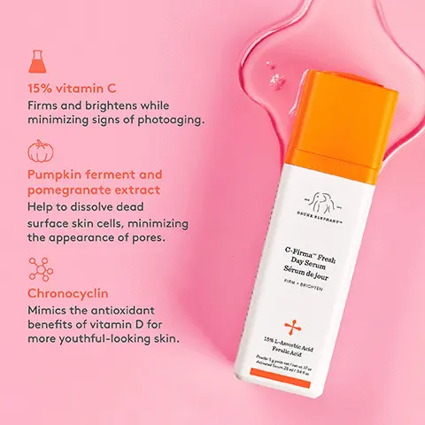 Image 1, 15% vitamin C forms and brightens while minimizing signs of photoaging. Pumpkin ferment and pomegranate extract helps to dissolve dead surface skin cells, minimizing the appearance of pores. Chronocyclin, mimics the antioxidant benefits of vitamin D for more youthful-looking skin. Image 2, so you're a mixologist? mix it once and you're ready to glow. How to shake things up = pour the mixture into the bottle, then shake and snap