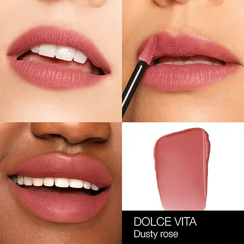 Image 1- Lip model shots of shade dusty rose. Image 2- Swatches of shade. Image 3- Model arm swatches of shade