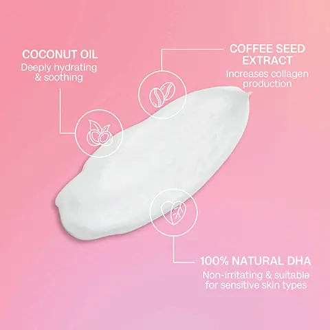 Image 1 - A smear of white cream on a pink background with labeled ingredients including coconut oil, coffee seed extract, and 100% natural DHA, along with their benefits: deeply hydrating & soothing, increases collagen production, and non-irritating & suitable for sensitive skin types.
Image 2 - Image shows a side-by-side comparison of a persons lower body in fitted white underwear, indicating before and after using a skincare product, with visible text reading BEFORE on the left and AFTER on the right, and the person holding a tube labeled BALLOODY in the after image.
Image 3 - A hand holds a tube of Bali Body gradual tan moisturizer against a pink background, showcasing benefits including daily moisturizer, gradually tans your skin with each application, and nourishes, smooths, and hydrates skin.
Image 4 - A woman is applying a tanning product to her leg while holding a tube of self-tanner, with steps on how to use the product displayed: STEP 1 Apply to your body using your hands or a mitt. STEP 2 Use everyday as a body moisturiser, it will gradually tan your skin overtime. STEP 3 The more often you apply, the darker your tan will become. Wash hands after application.