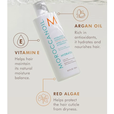 Image 1, argan oil, rich in antioxidants it hydrates and nourishes hair. vitamin e helps hair maintain it's natural moisture balance. red algae helps protect the hair cuticle from dryness. image 2, argan rich in antioxidants it hydrates and nourishes hair. vitamin e helps hair maintain its natural moisture balance. red algae helps protect the hair cuticle from dryness.