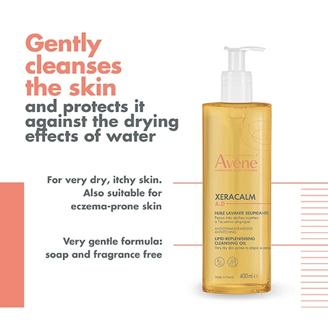 Image 1 - A bottle of Avene Xeracalm A.D. cleansing oil on a white background, with text that states it gently cleanses the skin and protects it against the drying effects of water; further details mention it is for very dry, itchy skin, suitable for eczema-prone skin, and has a very gentle formula that is soap and fragrance free, with a volume of 400 ml.
Image 2 - A bottle of Avène Xeracalm A.D. lip replenishing cleansing oil is displayed, with text highlighting its benefits: cleansing, nourishing, and soothing, alongside corresponding simple illustrations.
Image 3 - Three skincare products are displayed vertically with titles and descriptions: a bottle of cleansing oil labeled CLEANSE, a bottle of spring water labeled REBALANCE, and a tube of cream labeled NOURISH & CALM, all featuring the brand name Avene and product names underneath each item.