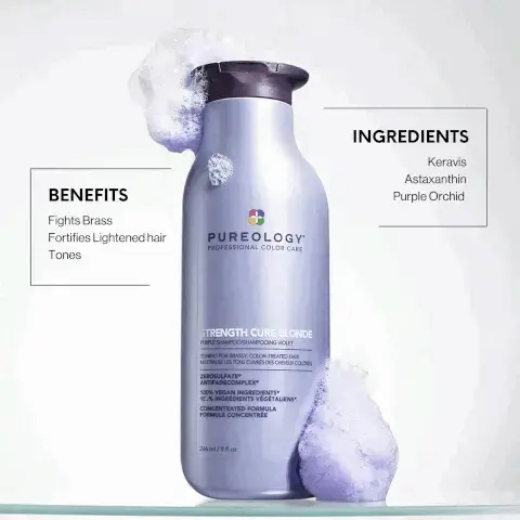 Image 1, shampoo benefits, fights brass, fortifies lightened hair, tones. Ingredients, karavis, astaxanthin, purple orchid. Image 2, conditioner benefits, fights brass, fortifies lightened hair, tones. Ingredients, keravis, astazanthin, purple orchid. Image 3, Anit-colour Fade, Colour Vibrancy, Instant Detangle, Prime, Protect, Perfect, Shield, Smooth, Refresh, Conditions, Frizz Control, Weightless